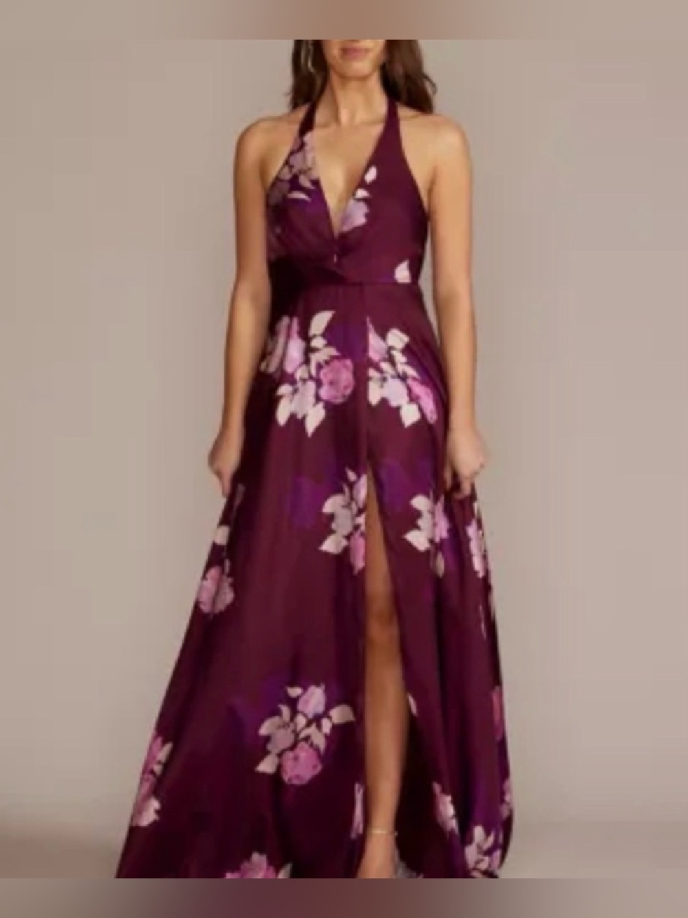 DB Studio Plunge Halter Floral Fit-and-Flare Brides Maid Dress in Plum 6